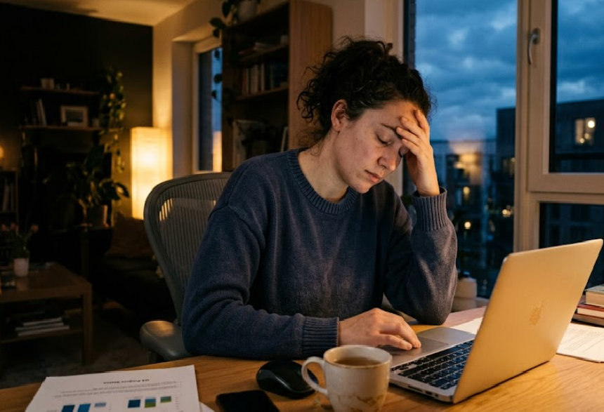 Zmęczona kobieta siedząca przy biurku – ilustracja do artykułu o poziomie energii